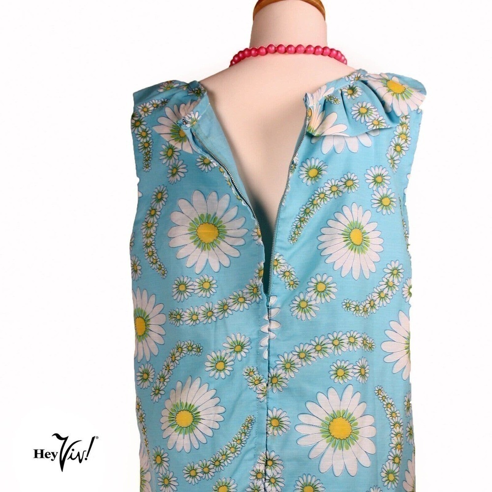 Vintage Sleeveless Daisy Print Dress w Ruffle Neckline Metal Zip Sz XL - Hey Viv - Picture 6 of 7